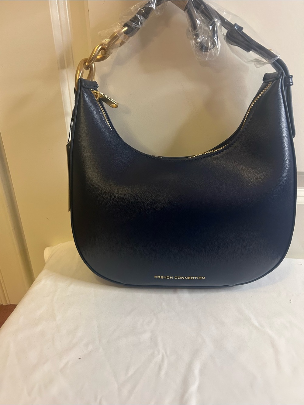 French Connection Navy Leather Crescent Shoulder Bag with Gold Hardware